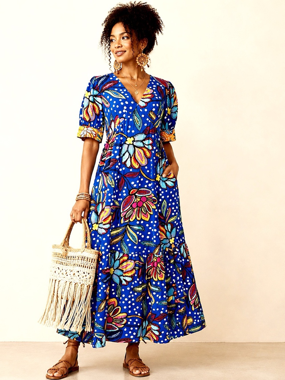 Tabitha Brown x Target Floral Polka Dot Puff Sleeve Midi Dress Blue Size 6